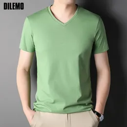 Najwyższa klasa 100 % bawełniana marka T Shirt Letnie topy v szyja solidny kolor zwykły krótki rękaw Casual Fasen Mens Ubrania 240229