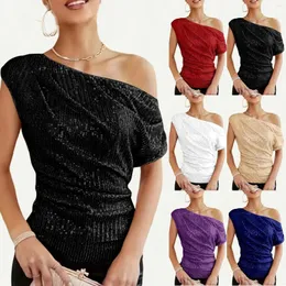 Damenblusen, One-Shoulder-Pailletten-Glitzer-Top, plissiert, niedliche Sommer-Tops, Shirks für Damen, Langarm-Shirt, weich