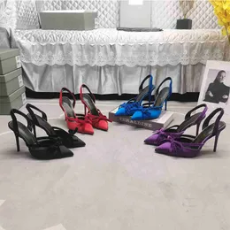 Tasarımcı Velvet Brigitte Sandals Bowtie Deri Sandallar Arka Kayış Yüksek Topuk Slaytlar Kadın Pompaları Açık Mavi Elbise Ayakkabı 35-43