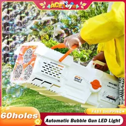 Gun Toys 60 Holes Electric Automatic Bubble Gun Led Light Rocket Soap Bubbles Magic Machine Outdoor Bath Party Toy Childrens Day Gifts YQ240314