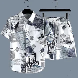 Designer terno verão jornal camisa dos homens na moda solta marca de moda manga curta praia casal flor shorts conjunto 5t05