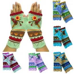 5本の指の手袋編み長い手の女性の温かい刺繍腕ウォーマーkawaii冬のフィンガーレスタッチスクリーンガール屋外13424