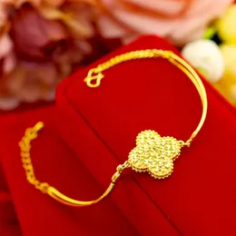 Real 100% 14k cor dourada sorte trevos de quatro folhas pulseira para mulheres joias banhadas a ouro pulseira presente de festa de casamento 240307
