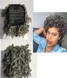 Brazilian natural grey ponytail hairpiece silver grays drawstring clip in human hair kinky curly salt and pepper highlights gray p3518047