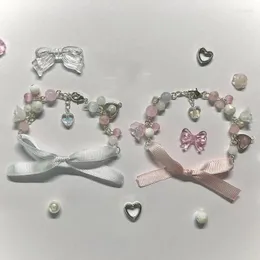 Strand Pink White Bow Beaded Heart Shaped Pendant Bracelet Sweet Romantic Cute Gift Y2k