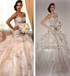 Luksusowe suknie ślubne wspaniałe katedralne sukienki ślubne syreny koronkowe koraliki eleganckie vestido de noiva trąbka sukienka ślubna warstwy Ru5722407