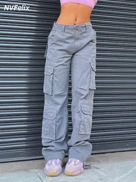 Kvinnor hög midja bred ben baggy jeans sidor ficka vintage y2k last byxor pojkvän lösa byxor streetwear mode overaller 240301