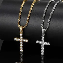 Micro Set Zircon Solid Small Cross Pendant with Gold Electroplating Trend Hiphop Men's Necklace