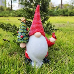 Sculptures Mini Santa Claus Holding Christmas Tree Statue Garden Gnome Sculpture Resin Dwarfs Statue Figurines Garden Dwarf Statue Ornament