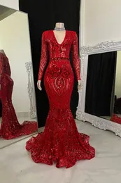 Sparkle Red Royal Blue Lace Sequined Prom Dresses Sexy Mermaid V Neck Long Sleeve Evening Gowns 2024 Vestidos de bal BC18372