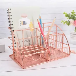 Fashion Iron Mesh Organizator Organizator Pencil Pen Caddy z szufladą na akcesoria Home Office School Supplies Rose Gold 240314