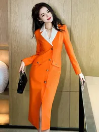 Elegant professionell MIDI -klänning Kvinnor Celebrity Business Orange Single Breasted Slit Robe Office Lady Work Style Vestido Mujer 240313