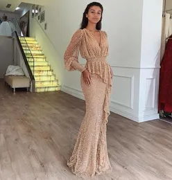 Long Sleeve Gold Sequined Mermaid Arabic Dubai Prom Dresses For Women 2022 Evening Dress Party Gowns Plus Size Abendkleider robe d3473757