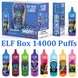 ELF BOX 14000 Puffs Vapes Одноразовые электронные сигареты Vaper Puff 14k 0% 2% 3% 5% 25 мл Предварительно заполненный контейнер 1,0 Ом с сетчатой катушкой 600 мАч Перезаряжаемая световая ручка RGB