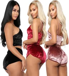 Fashion Ladies 2pcs Velvet Sleepwear Sets Sexy Spaghetti Strap Shorts Pajamas Women Pajama Party Set1819873