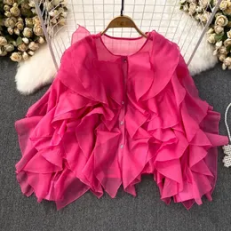 Kadınlar Blouses Sonbahar Blonu Kadınlar Moda O boyun boyunlu uzun puflu kol flored kenar gömlekleri Fransızca şık çok yönlü kadın üstleri damla