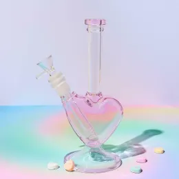 9" Pink Love Heart Shape Glass Bong Smoking Bong Narghilè Bong Pipa ad acqua 14mm maschio Bubbler Heady Oil Dab Rigs Birdcage Percolator Shisha LL