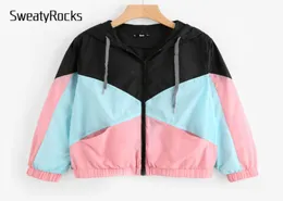 SweatyRocks Mulher Casacos e Jaquetas de Inverno Multicolor Corte e Costura Jaqueta Corta-vento com Capuz Casacos Color Block para Mulheres L181010017590237