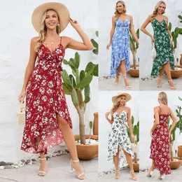 Neues sexy unregelmäßiges Kleid für Damen mit langem Hosenträger und Blumen-Strandrock