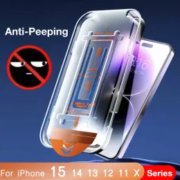 Pellicola in vetro temperato anti-peeping per iPhone 15 14 13 12 11 Pro Max X XR XS 15Plus Protezione schermo antipolvere da 28 gradi con vassoio per kit di allineamento automatico