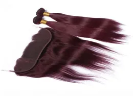 Capelli umani peruviani rosso vino 2 bundle trame con frontale dritto 99J chiusura frontale in pizzo bordeaux 13x4 con capelli vergini intrecciati3154317