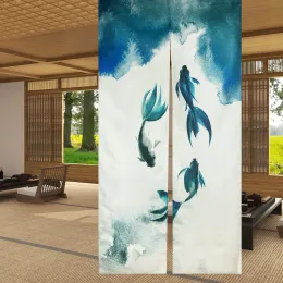 Perdeler Çince mürekkep koi balık baskısı Japon noren kapısı bölünmüş perdeler mutfak girişi asılı perde kapı dekorasyon keten perdeler