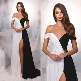 Czarne białe sukienki wieczorowe Linia Elegancka V Nakka z ramiona sukienki na studniowe koraliki z przodu podzielone formalne sukienki ogstuff na specjalne okazje