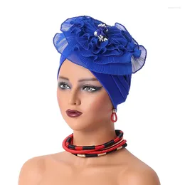 Abbigliamento etnico Moda Donna Grandi fiori Perle Turbante Sposa Elegante Festa Copricapo da sposa Berretto chemio Berretto africano Capelli