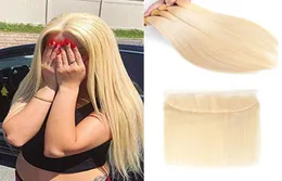 Brazylijskie wiązki Virgin Hair z zamknięciem 613 Blondynka jedwabiście proste ludzkie włosy 3 wiązki z 134 koronkowym ucha czołowym do EA3199494