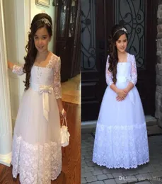 2020 Cute Princess Flower Girl Dress Illusion Lace Sleeves Beads Lovely Bow Long Formal Vintage Flowergirl Dress for Wedding First6299046