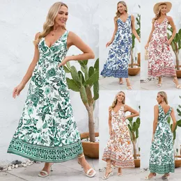 Sexy decote em v fino ajuste temperamento 2024 verão vestido floral feminino, saia longa impressa