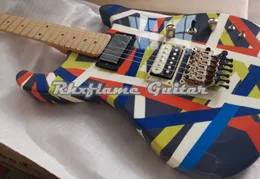 Em estoque Kram Edward Van Halen Branco Preto Vermelho Azul Listras Amarelas Pacer Sustainer Guitarra Elétrica China EMG Pickup Floyd Rose Tremolo Bridge Gold Hardware