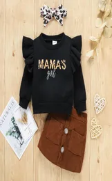 Kläder sätter våren Autumn Baby Girls Clothes Leopard Letter Lång ärm Pullover Sweatshirt Toppar Pocket kjolar Toddler Outfit2791037