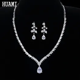 HUAMI Fashion Women Jewelry Sets Water Drop Zircon Pendant Stud Earrings Necklace for Wedding Party Bride 240228