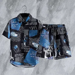 Designer Suit Summer Newspaper Shirt Mens Trendy Loose Fashion Brand Short Sleeved Beach Couple Flower Shorts Set Yjiu