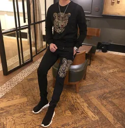 Mens Set Leopard Rhinestone Beading Black Sweatshirts långärmad t -skjorta med byxor Elastiska midja Mens Set Fashionstudiobling S8580409