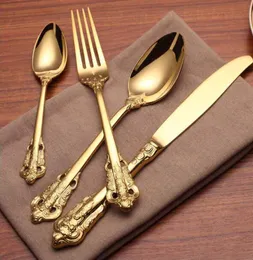 Set di stoviglie dorate di lusso di alta qualità Set di posate in acciaio inossidabile placcato oro Set da pranzo per matrimoni Coltello Forchetta Cucchiaio2514358