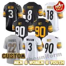 Custom Mens 3 Russell Wilson 22 Harris 90 Watt American Football Jerseys 8 Pickett 14 Pickens 7 Roethlisberger 24 Porter 18 Johnson Womens Youth Football Jersey