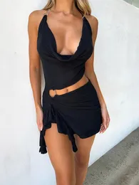 Sıradan elbiseler kadınlar seksi kesim mini elbise kravat boya yular boyun fırçası kısa bodycon plunge plaj sundress