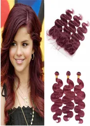 Peruvian Virgin Human Hair Bundles 99j With Lace Frontal Wine Red Body Wave Human Hair Weave Burgundy 3Bundles With 134 Full Fron8920319