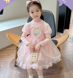 2024 Spring Girls elequins puff sleeve party bress Kids Beded Bedered Lace Tulle Dress Children Gauze Princess Complements Z7164