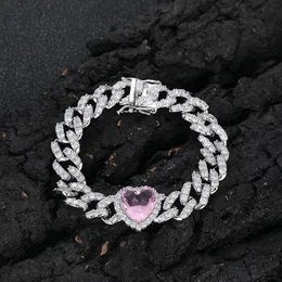 Zircon Peach Heart Cuban Bracelet For Women: 10mm Pink Hip