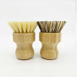 Escova de limpeza de cerdas de sisal 100% biodegradável, ecológica, redonda, curta, de bambu, escova de prato de cozinha sustentável