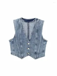 Kadın Yelekleri Kadınlar 2024 Yaz Şık Moda Suyu Yıkama Etkisi Kırpılmış Denim Yelek Vintage V Boyun Kadın Yelek Tops 6164/110