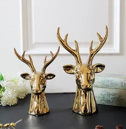 Nordic Gold Deer Head Figurine in ceramica per la decorazione domestica Ufficio Bar Tavolo da pranzo Accessori per soggiorno Pezzo d'arte da collezione4581782