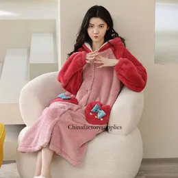 Sweet Winter Hooded Button Cardigan Robes For Women Fashion Pocket Warm Simple Loose Flanell Soft Nightgown