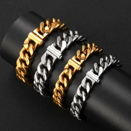 Hip Hop Titanium spänne med fyra sidor mark i rostfritt stål kubansk äkta guldelektropläterad trendiga mäns armband
