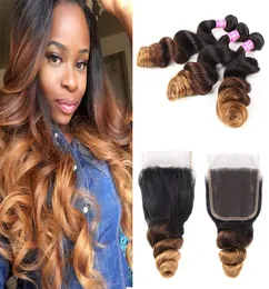 1B430 Dark Roots Brown Blonde Loose Wave Ombre Human Hair Weave Bundles with Lace Closure Cheap Malaysian Virgin Hair Extension1458299