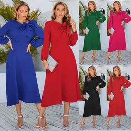 Long Sleeved Dress 2024 New Round Neck Bow A-line Mid Length Skirt