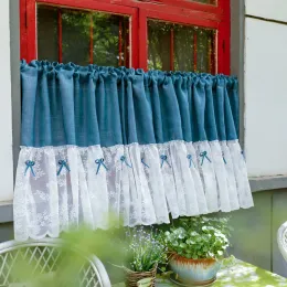 Curtains American Style Lake Blue Half Curtain Coffee Curtain Linen Curtain With Lace And Bow Deco Tube Curtain